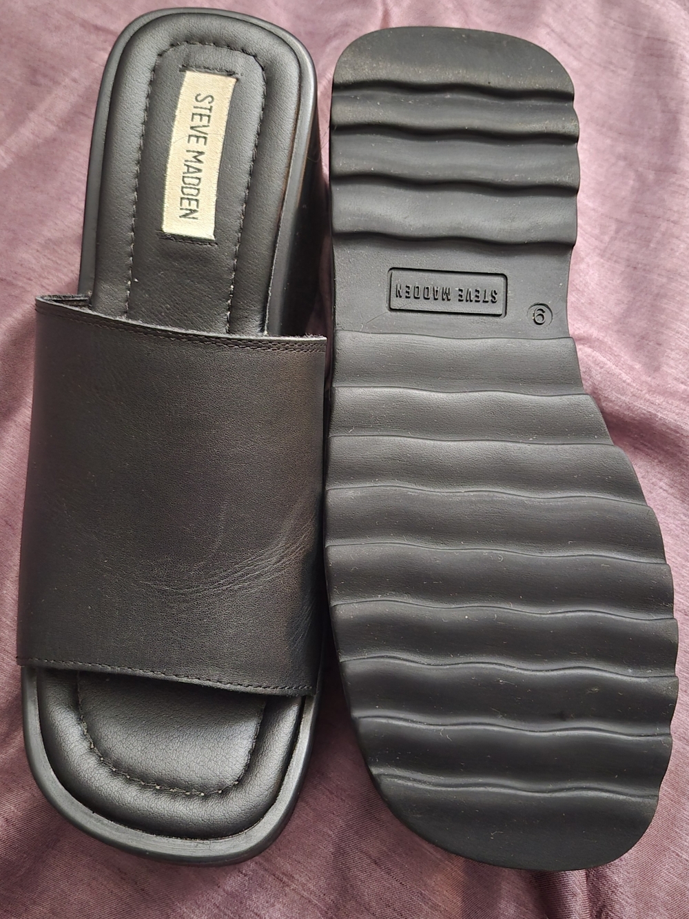 Steve Madden Pepe30 Black Leather Platform Wedge Slide Sandals Size 9